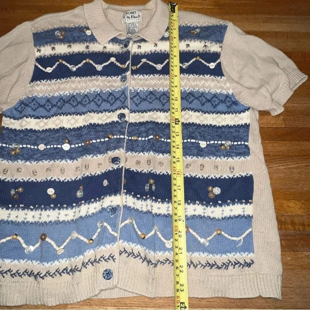 Koret City Blues Petites‎ LG Cream Blue Knit Embroidered Bead Button Up Cardigan